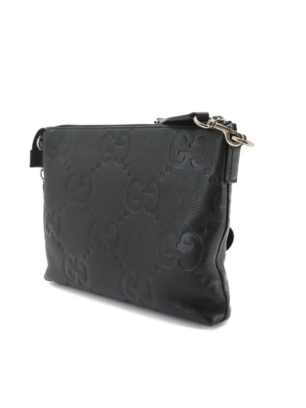 Gucci Jumbo GG Shoulder Bag Leather Black Silver
